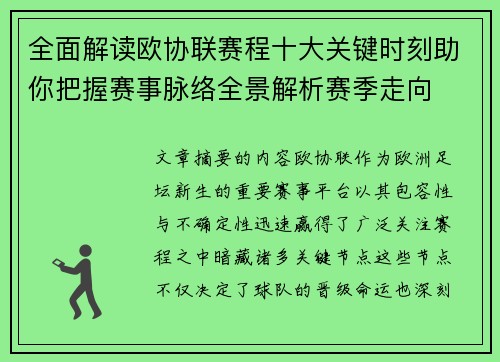 全面解读欧协联赛程十大关键时刻助你把握赛事脉络全景解析赛季走向
