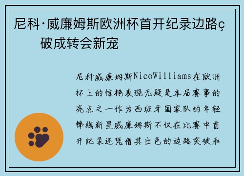 尼科·威廉姆斯欧洲杯首开纪录边路爆破成转会新宠