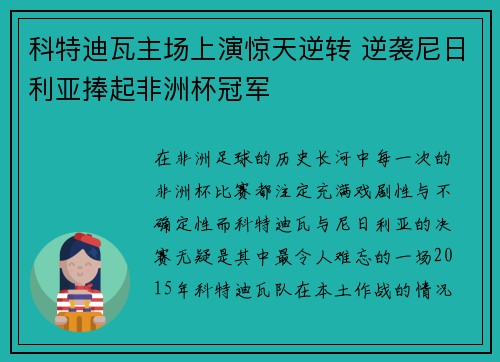 科特迪瓦主场上演惊天逆转 逆袭尼日利亚捧起非洲杯冠军